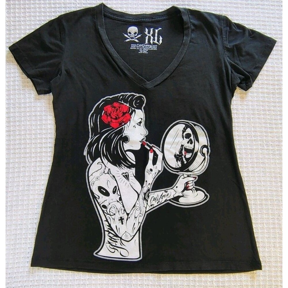 Y2K Fatal Living Dead Girl Tattoo Shirt SS Tshirt Black Red White Grunge Indie